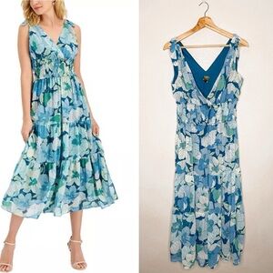 Just Taylor | Tropical Aqua, Green, and Blue Smocked Waist Sleeveless Midi Dress
